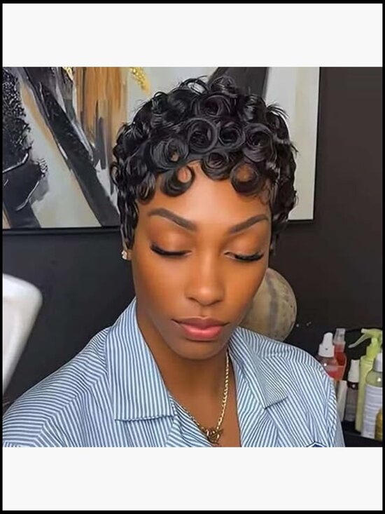 Short Curly Pixie Cut Wig Loose Wave Human Hair Glueless Layered With Bangs main image 3
